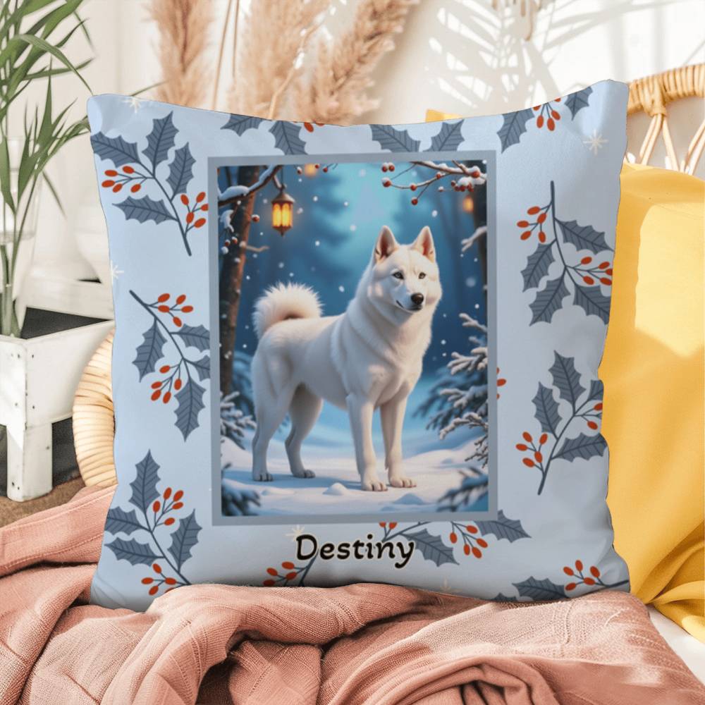 Husky White Pillow - Winter Husky throw pillow, indoor seasonal dog pillow, cozy home accent