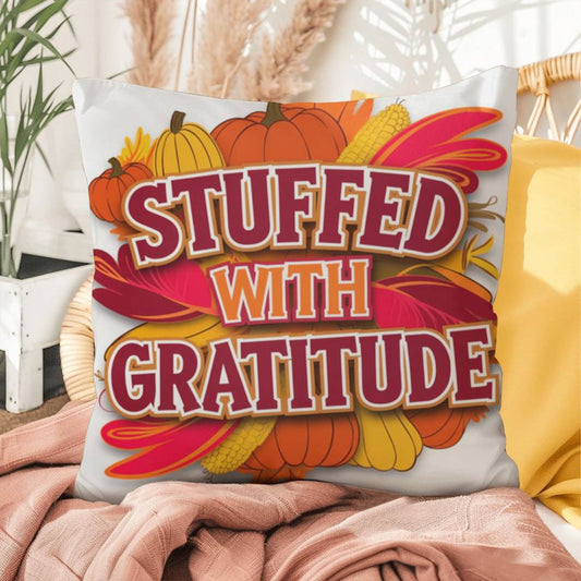 Stuffed With Gratitude throw pillow featuring Thanksgiving quote and warm fall seasonal décor accent