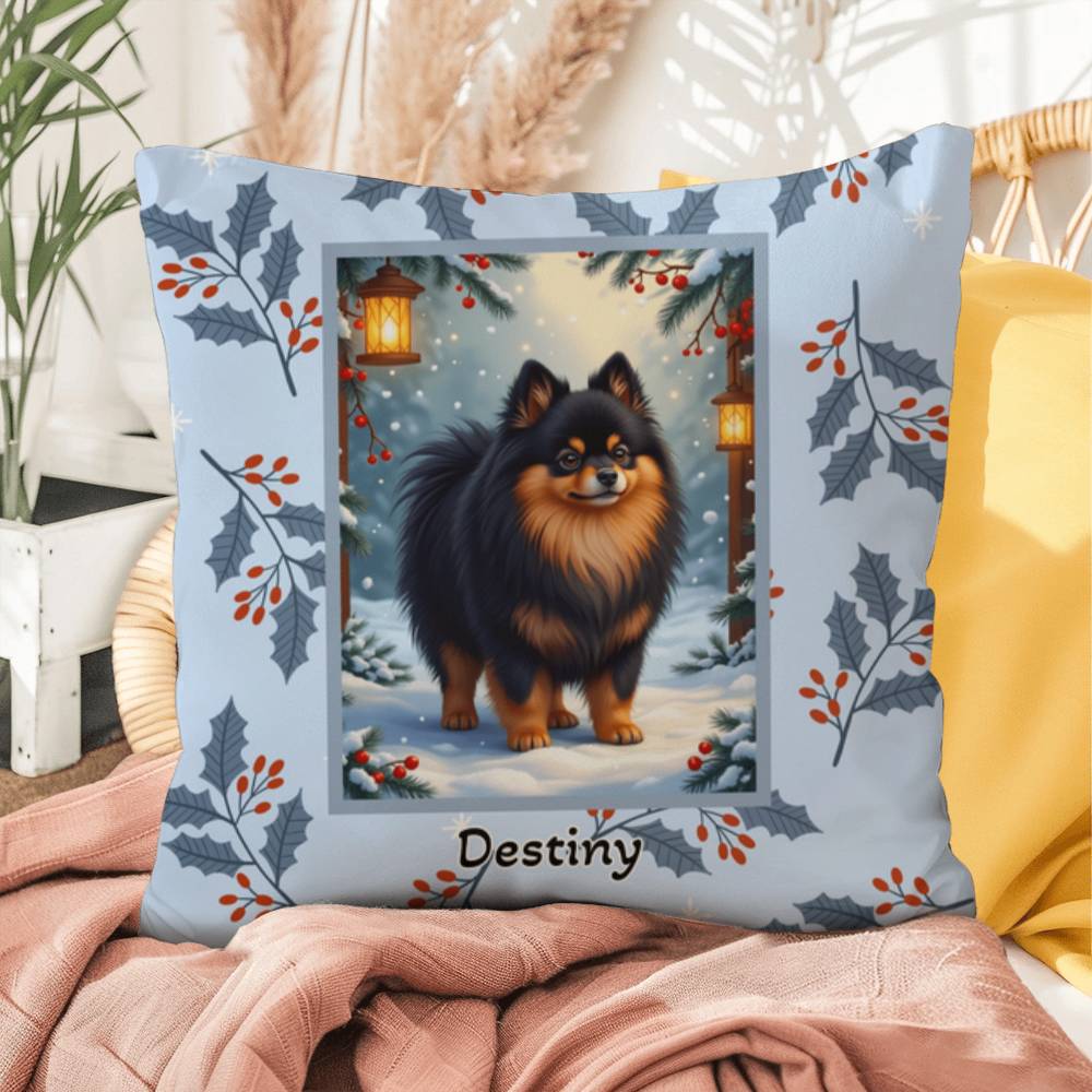 Pomeranian Black & Tan Pillow - Winter Pom throw pillow, festive dog accent, cozy indoor home decor