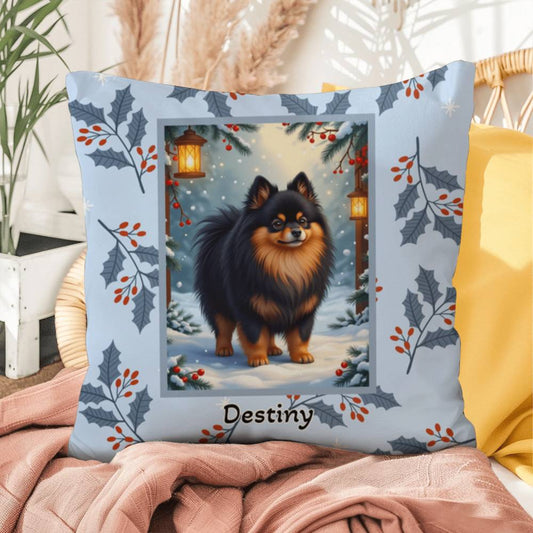 Pomeranian Black & Tan Pillow - Winter Pom throw pillow, festive dog accent, cozy indoor home decor