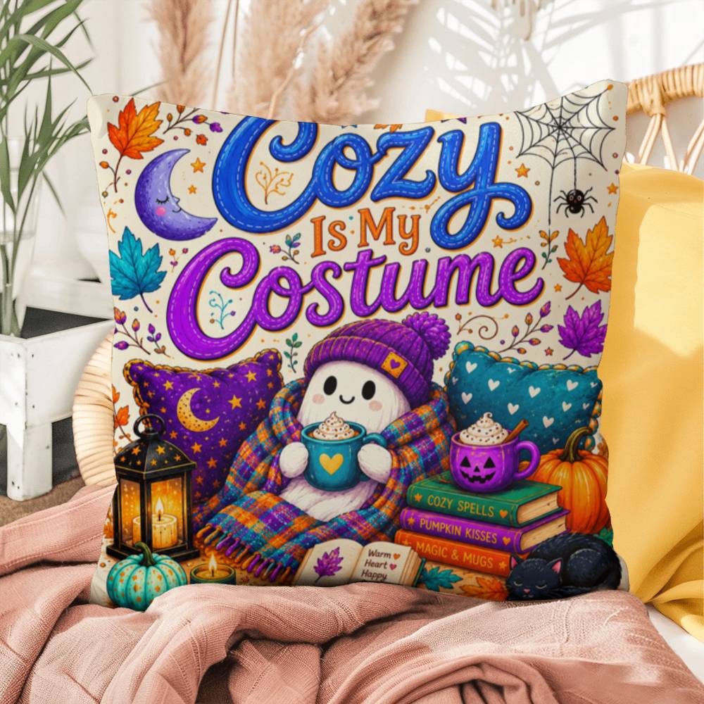 Cozy Is My Costume saying with ghost artwork on a Halloween throw pillow inspired by autumn comfort
