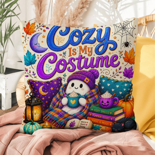 Cozy Is My Costume saying with ghost artwork on a Halloween throw pillow inspired by autumn comfort