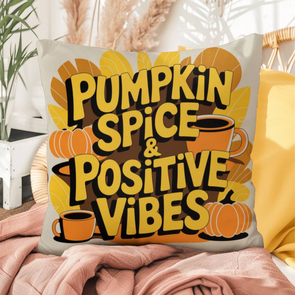 Pumpkin Spice & Positive Vibes pillow with autumn mindfulness message and cozy seasonal décor