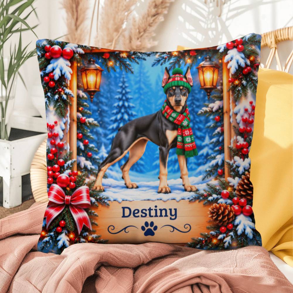 Doberman (Black & Fawn Coat) - Personalized Winter Home Decor, Custom Name Throw Pillow