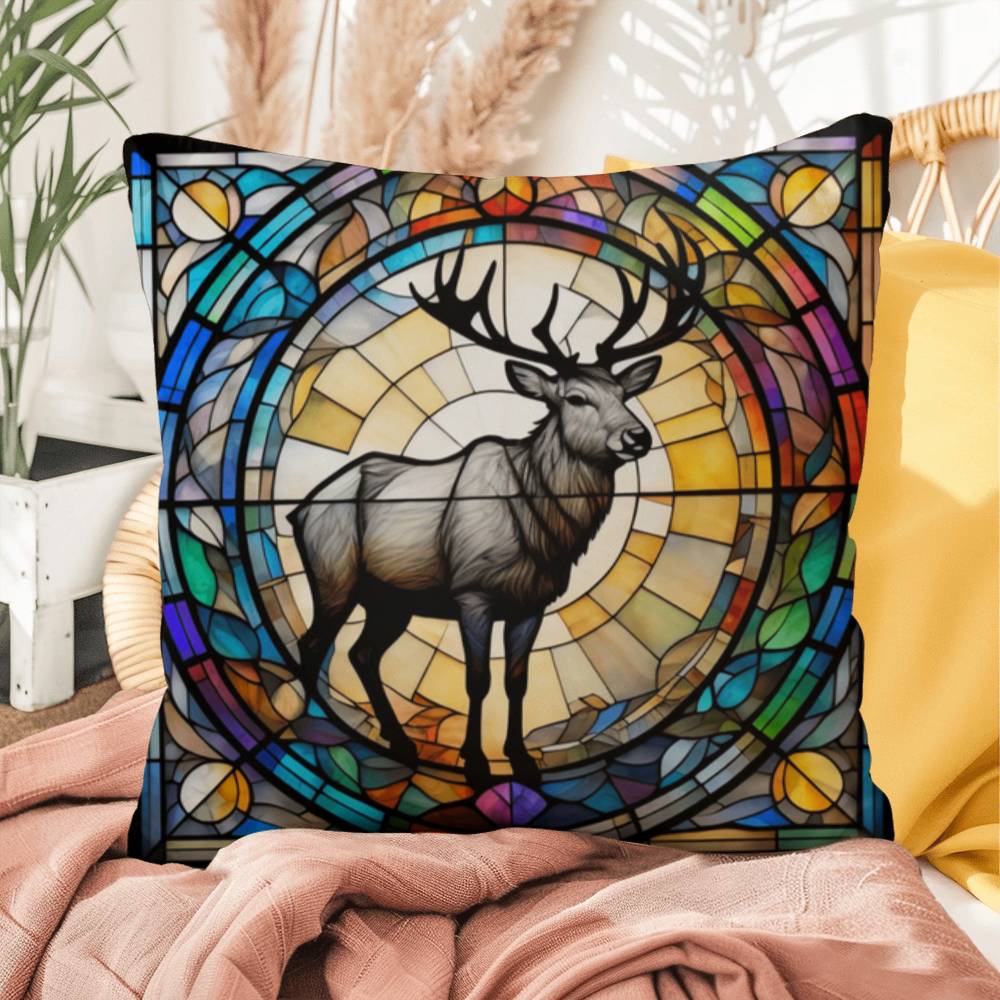 Reindeer stained glass throw pillow, holiday wildlife decor, indoor outdoor accent cushion