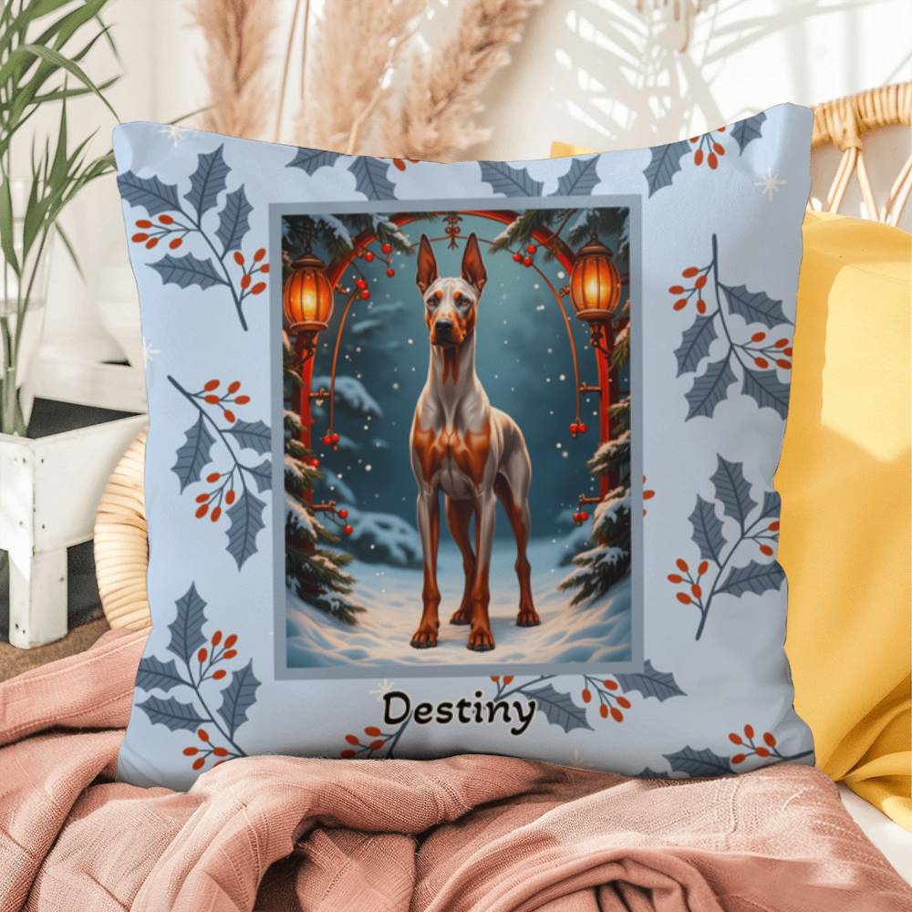 Doberman Fawn & Rust Pillow - Seasonal Doberman dog pillow, winter home accent, personalized holiday throw