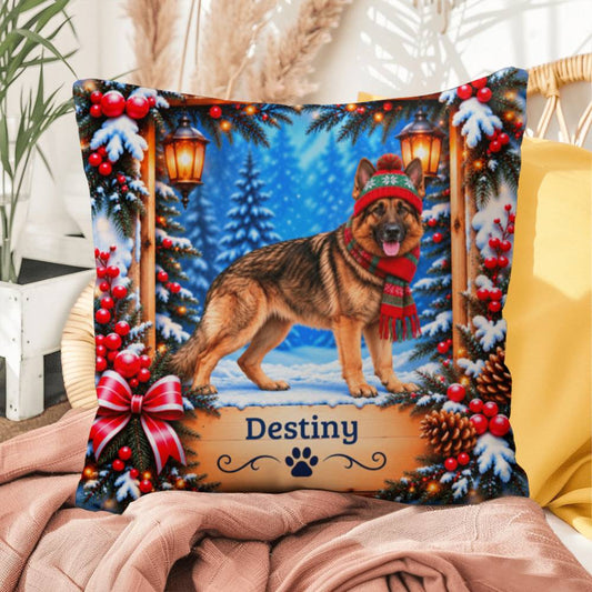 German Shepherd (Gold Sable Coat) - Personalized Cozy Lodge Pillow, Winter Dog Name Gift - MySisterIsAsurvor