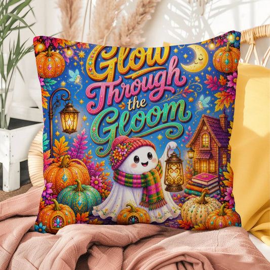 Glow Through The Gloom quote with ghost lantern artwork on an encouraging Halloween throw pillow