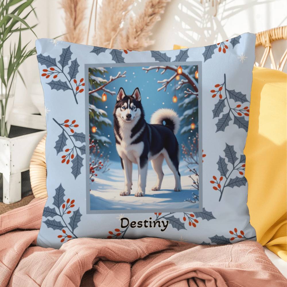 Husky Black & White Pillow - Snow dog winter throw pillow, indoor/outdoor Husky accent, holiday decor
