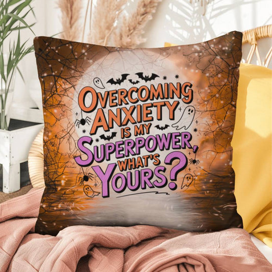 Indoor/outdoor pillow with “Overcoming Anxiety” to promote mental wellness