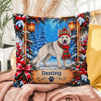 German Shepherd (White Coat, Soft Gray Shading) - Personalized Winter Pillow, Custom Name Gift - MySisterIsAsurvor