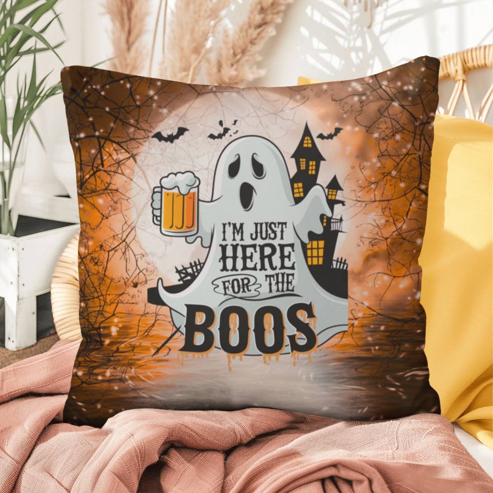 Ghost-themed indoor/outdoor Halloween pillow with “I’m Just Here For The Boos” for fun décor