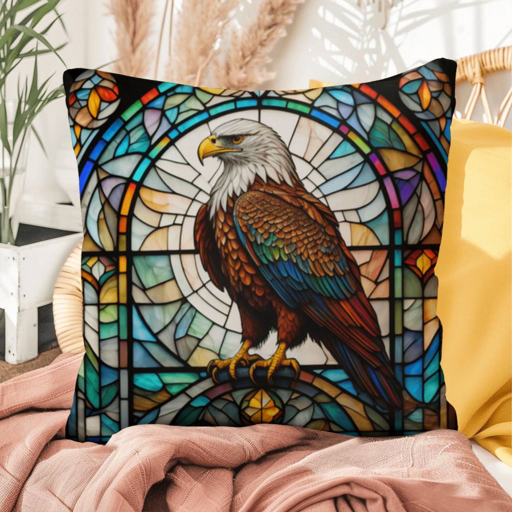 Eagle stained glass throw pillow, birds of prey wildlife decor, indoor outdoor home accent