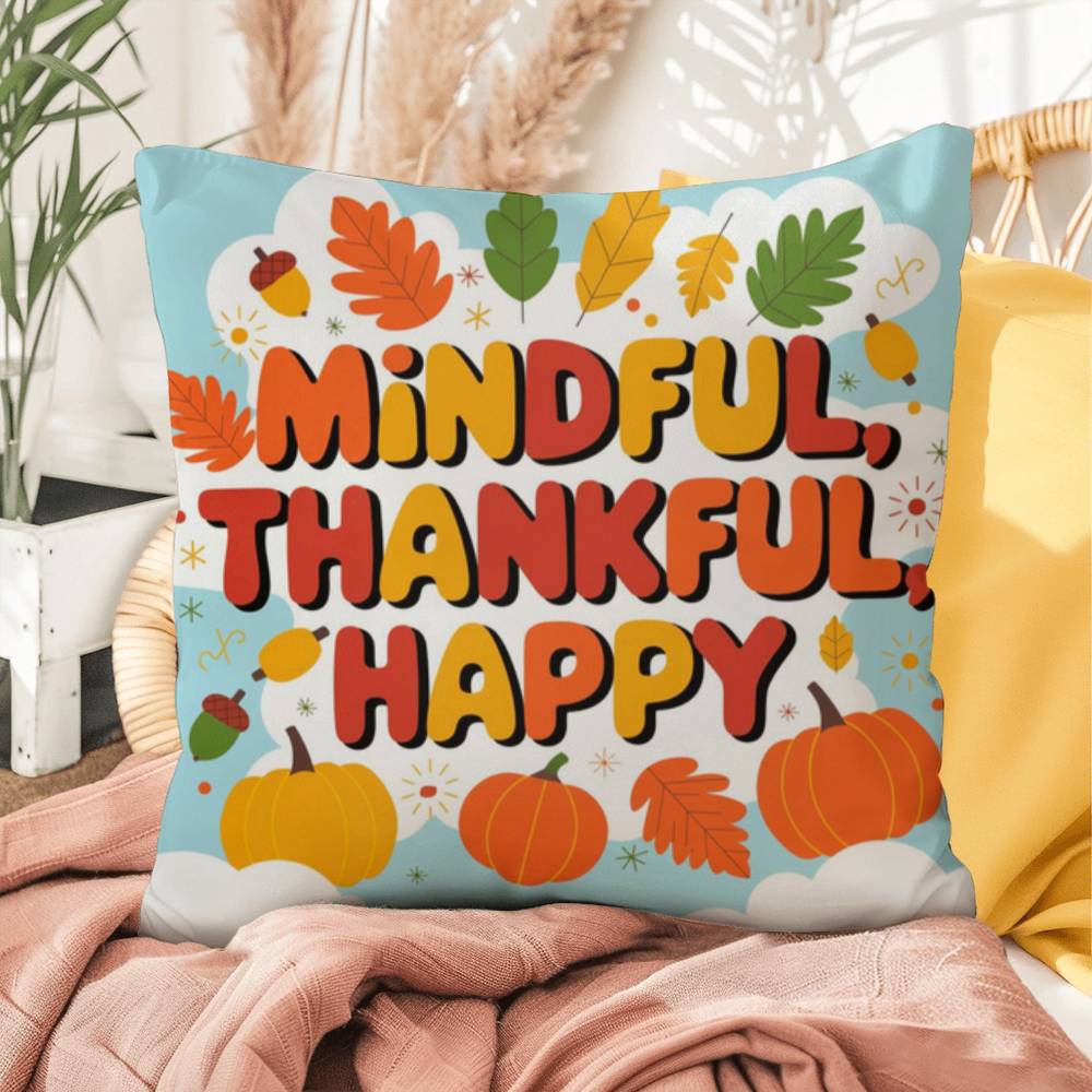 Mindful, Thankful, Happy throw pillow with uplifting fall mindfulness message for seasonal décor