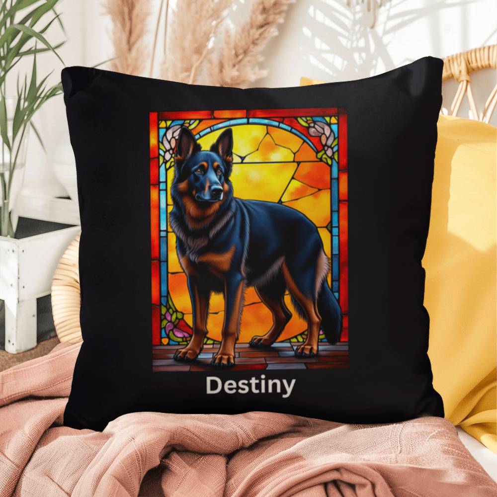 German Shepherd (Black and Red) Indoor/Outdoor Pillow - Personalized Stained Glass Dog Tribute & Comfort Gift