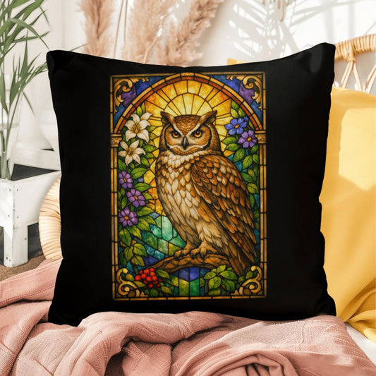 Owl stained glass style throw pillow featuring nocturnal wildlife artwork for home decor