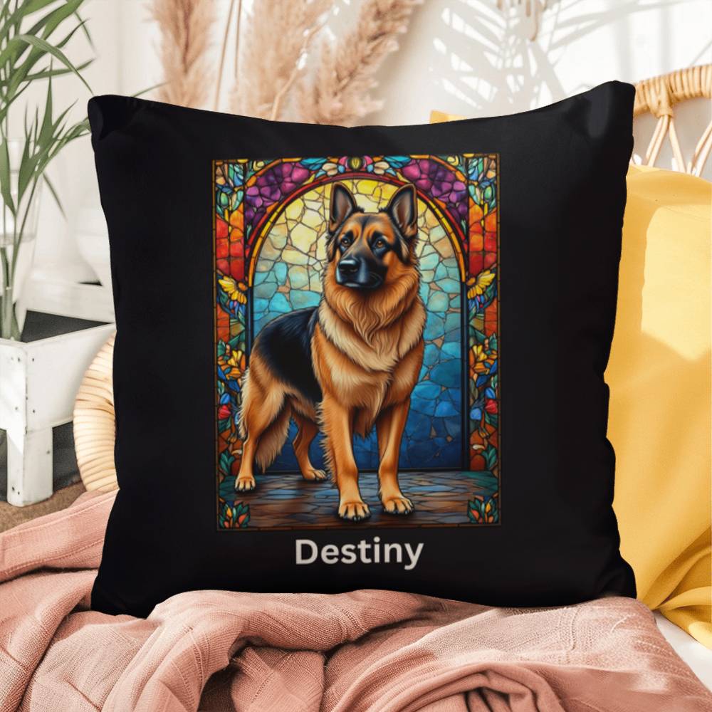German Shepherd (Black and Tan) Indoor/Outdoor Pillow - Personalized Stained Glass Dog Tribute & Comfort Gift