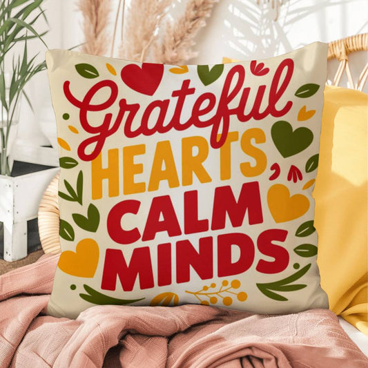 Grateful Hearts, Calm Minds pillow in bright fall tones with Thanksgiving gratitude and mindfulness quote