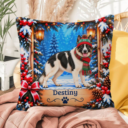 German Shepherd (White & Black Coat) - Personalized Dog Name Pillow, Snowy Winter Home Decor