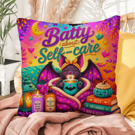 Batty About Self-Care quote with smiling bat illustration on a Halloween pillow focused on daily wellness