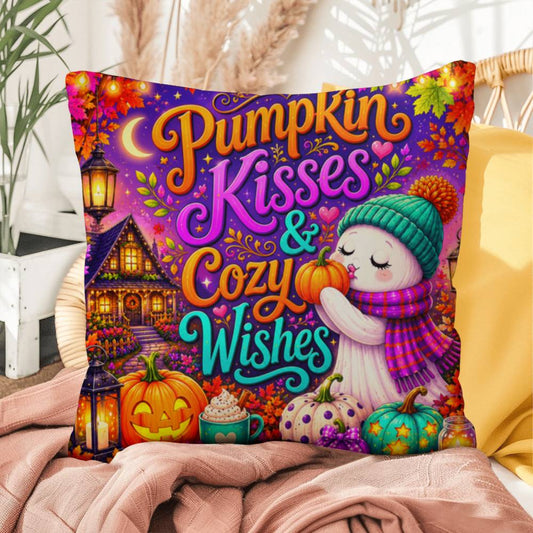Pumpkin Kisses & Cozy Wishes saying with cute autumn artwork on a Halloween throw pillow