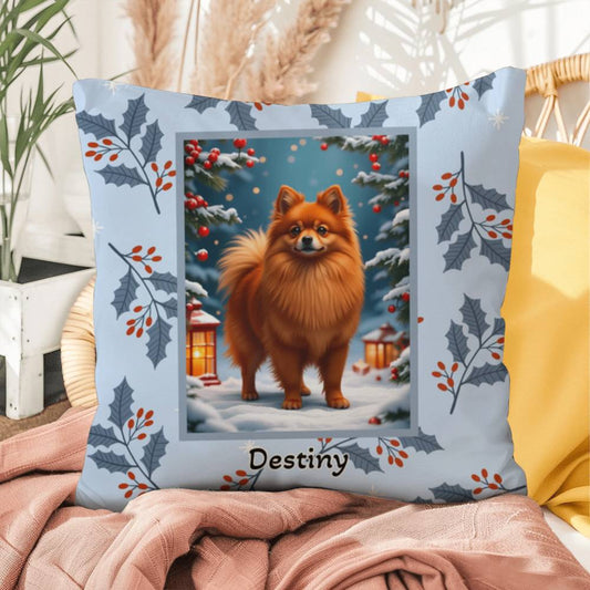 Pomeranian Red Pillow - Winter Pom throw pillow, indoor dog decor, festive home accent