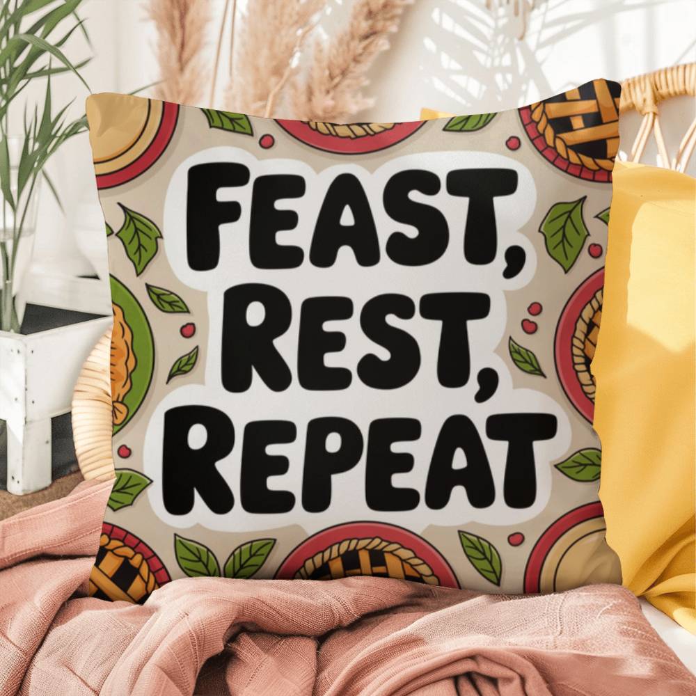 Feast, Rest, Repeat pillow featuring mindfulness message with cozy Thanksgiving and fall décor vibes
