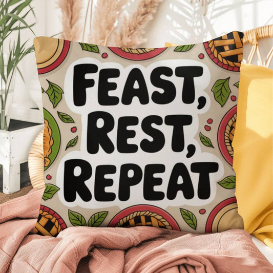 Feast, Rest, Repeat pillow featuring mindfulness message with cozy Thanksgiving and fall décor vibes