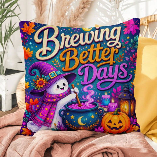 Brewing Better Days quote with witch cauldron artwork on a Halloween throw pillow inspired by healing