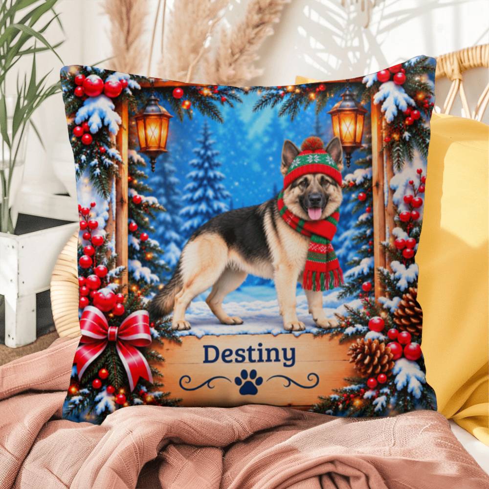 German Shepherd (Black & Cream Coat) - Personalized Winter Throw Pillow, Cozy Dog Name Gift