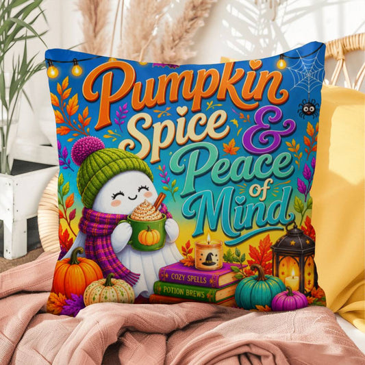 Pumpkin Spice & Peace Of Mind quote on a Halloween throw pillow with cozy fall themed artwork