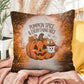Halloween indoor/outdoor throw pillow with pumpkin spice theme for cozy fall décor
