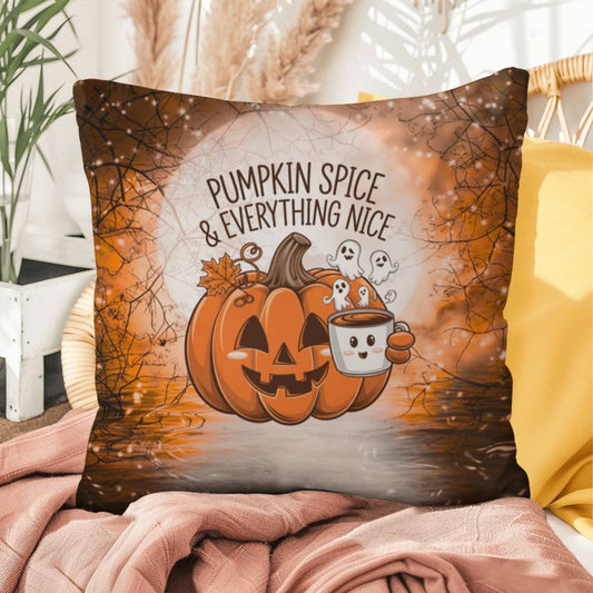 Halloween indoor/outdoor throw pillow with pumpkin spice theme for cozy fall décor