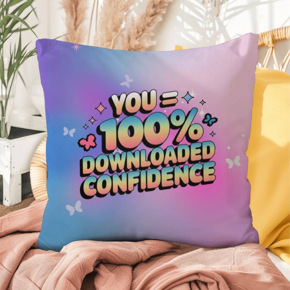 "100% Downloaded Confidence" statement pillow with customizable Y2K design and sparkly digital visuals in a soothing palette