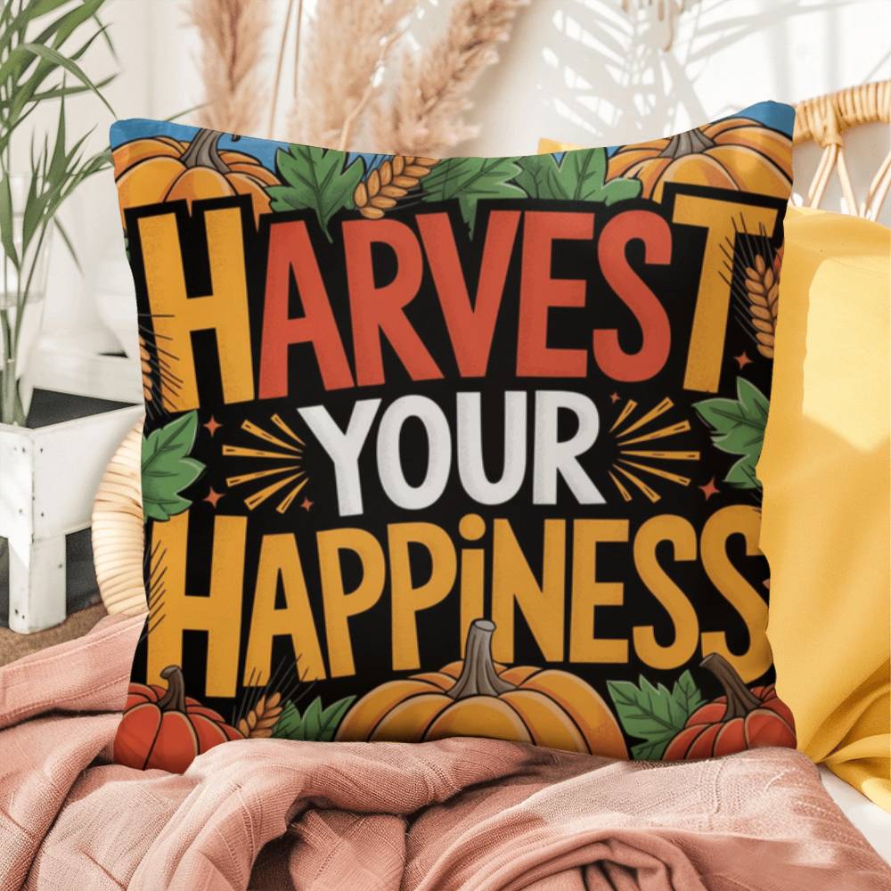 Harvest Your Happiness pillow in autumn hues with mindful Thanksgiving quote and cozy seasonal décor