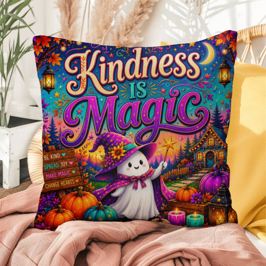 Kindness Is Magic quote with cheerful Halloween artwork on a positive decorative throw pillow