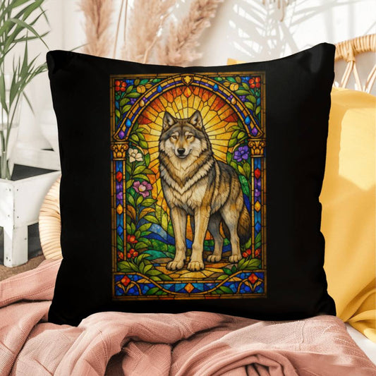 Wolf stained glass style throw pillow with nature-inspired wildlife artwork for home decor
