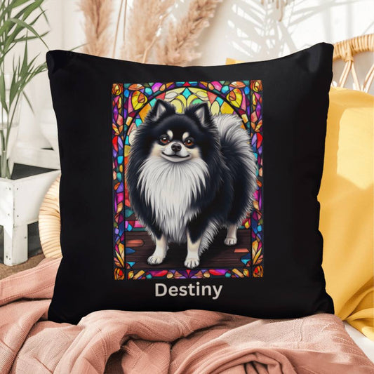 Pomeranian (Black and White) Indoor/Outdoor Pillow - Personalized Stained Glass Dog Tribute & Comfort Gift