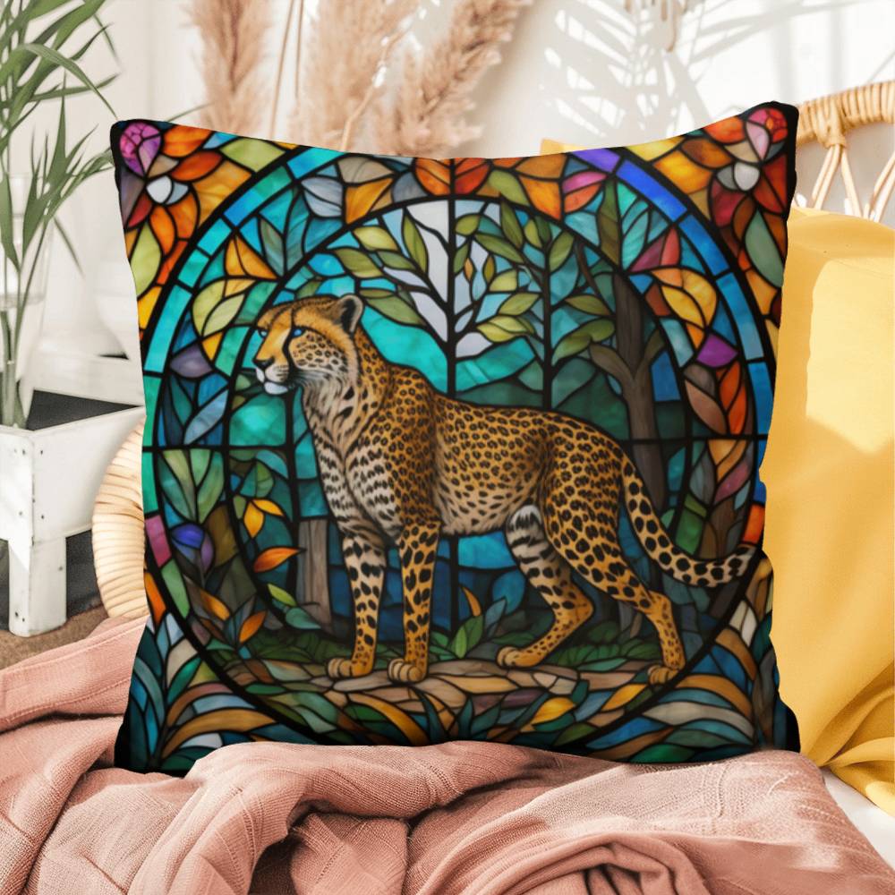 Cheetah stained glass throw pillow, indoor outdoor animal print decor, safari home accent cushion