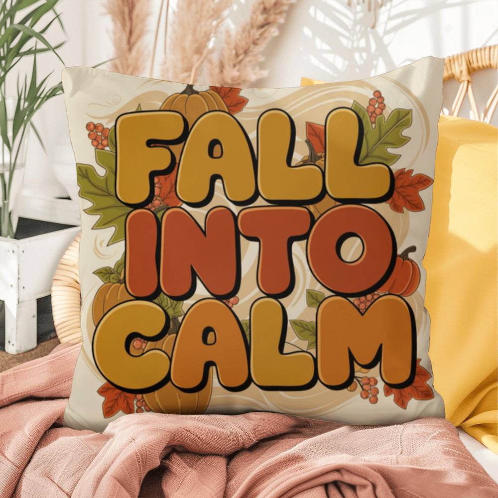 Fall Into Calm throw pillow with autumn gratitude quote, cozy seasonal comfort for Thanksgiving décor