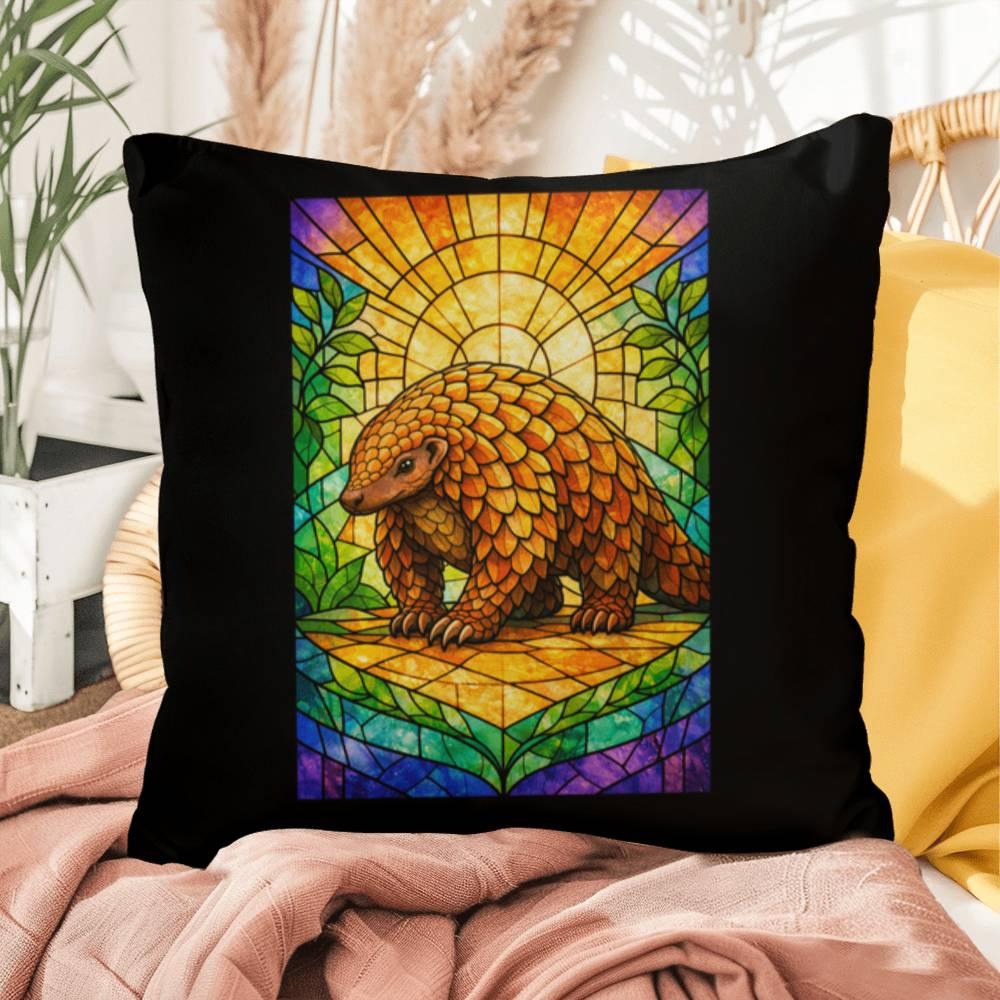 Shop our pangolin stained glass style throw pillow featuring the 16" x 16" style option from MySisterIsASurvivor.
