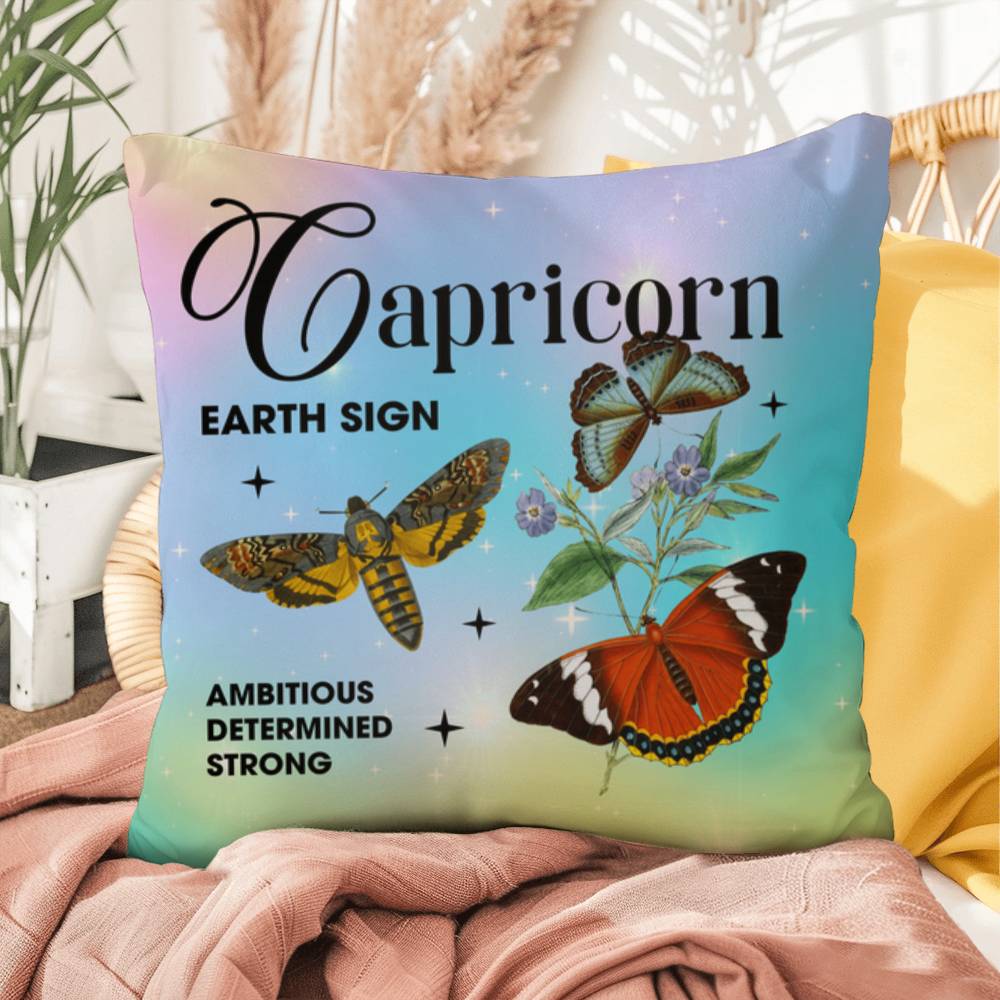 Capricorn Butterfly Indoor/Outdoor Pillow – Zodiac Astrology Decor, Boho Accent for Home & Patio