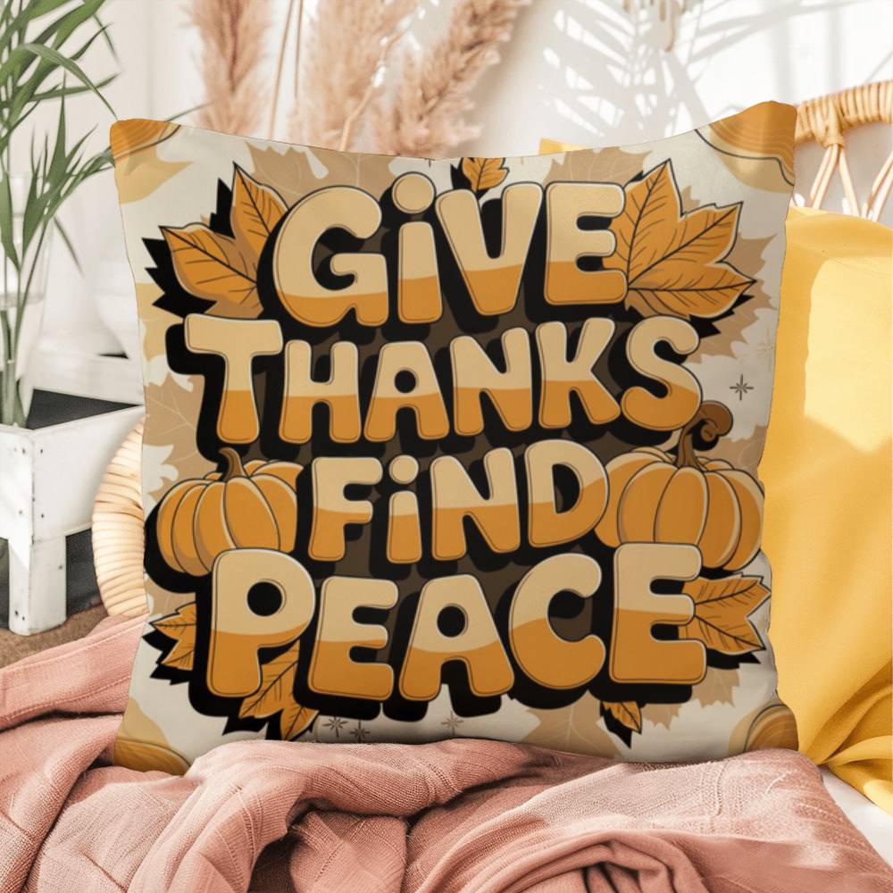 Give Thanks, Find Peace throw pillow with mindful Thanksgiving quote and vibrant autumn décor colors
