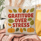 Gratitude Over Stress pillow featuring uplifting Thanksgiving mindfulness message for cozy home décor