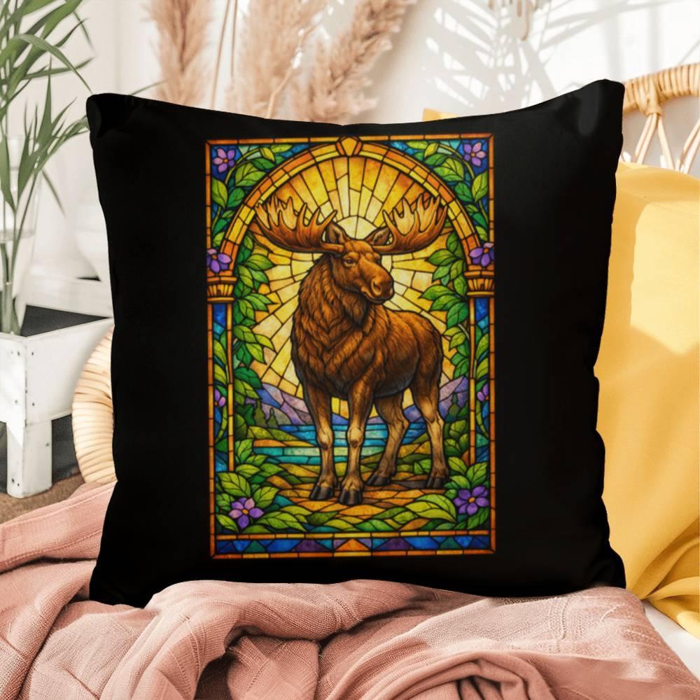 Shop our moose stained glass style throw pillow featuring the 16" x 16" style option from MySisterIsASurvivor.