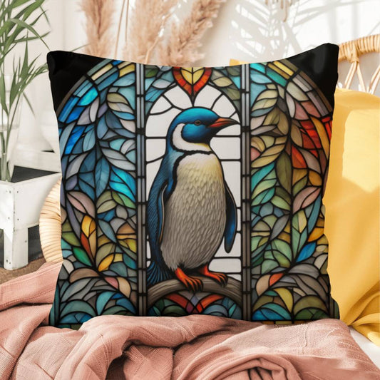Penguin stained glass throw pillow, Arctic wildlife decor, indoor outdoor accent pillow