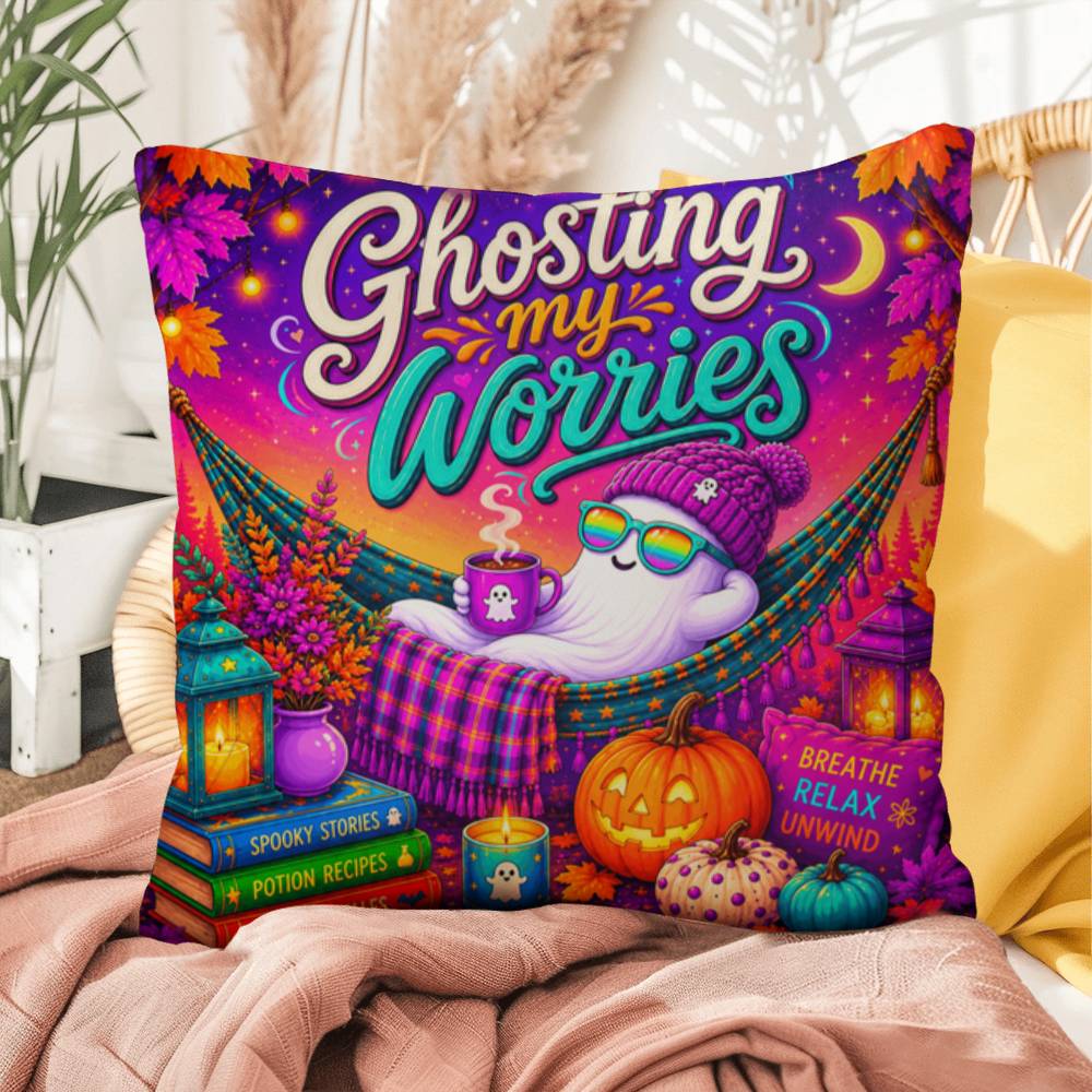 Ghosting My Worries Halloween Throw Pillow - Breathe Relax Unwind Ghost Pillow