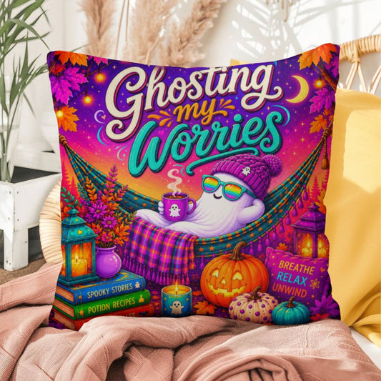 Ghosting My Worries quote with friendly ghost artwork on a Halloween throw pillow with calming vibes