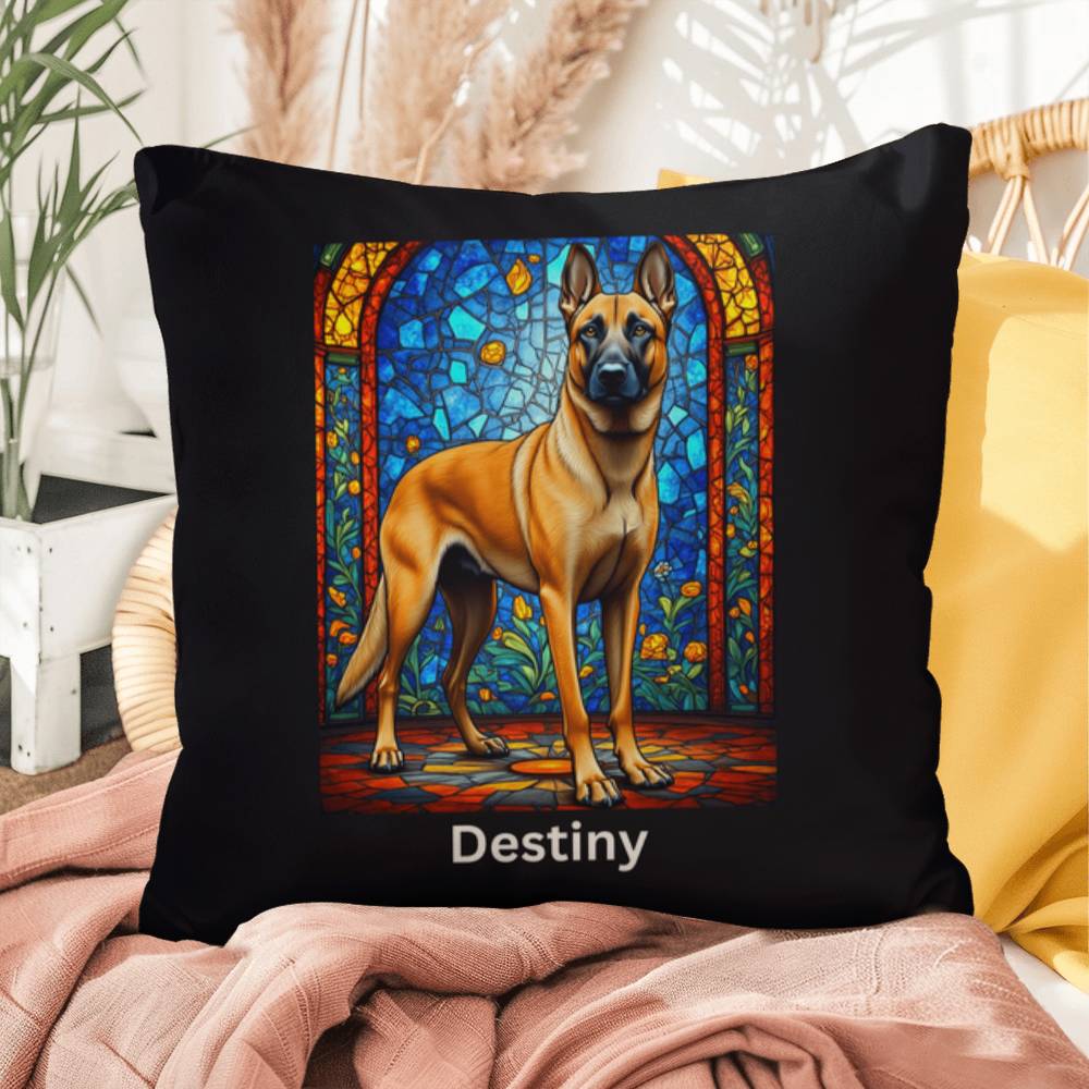 Belgian Malinois (Fawn) Indoor/Outdoor Pillow - Personalized Stained Glass Dog Tribute & Comfort Gift
