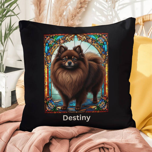 Pomeranian (Chocolate) Indoor/Outdoor Pillow - Personalized Stained Glass Dog Tribute & Comfort Gift